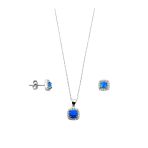 Mini Kare Beyaz Işıltı Çevrili Opal Gümüş Kadın Kolye Küpe Set