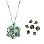 Mini Metal DND zar seti yaprak içi boş D20 kolye zar durumda antika minik Metal zar seti D & D taşınabilir 7 adet zar seti gümüş yeşil