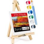 Mini Şövale 10X10 cm Tuval 3 ml Akrilik Boya 6 Renk ve Fırça 1 Paket 10X10 Mini Tuval Masaüstü Küçük Şövale Boyama Seti - Standart - Beyaz