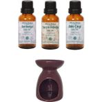 Minia Bahçe Sardunya (Itır) Yağı 10ML, Tarçın Kabuğu Yağı 10ML, Ada Çayı Yağı 10ML ve Buhurdanlık - 10 ml