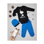 minibird baby Erkek Bebek Mavi Snoopy Baskılı 3'lü Zıbın Takımı