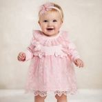 Miniborn Kız Bebek Dantelli Tüllü Elbise %100 Pamuk Uzun Kollu - 3 - 6 Ay - Pembe