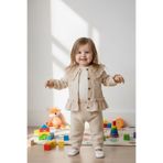 MİNİBORN KIZ UZUN KOLLU NATURAL KETEN BÜYÜK BEBE YAKA CEKET CEP TIĞ İŞİ DETAY ÜÇLÜ SET
