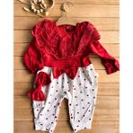 Minicayzen Bayramlık Dantel Yaka Helena Fiyonklu Tulum %100 Pamuk Bandanalı 2 Li Kız Bebek Tulum Set - 6 - 9 Ay - Kırmızı