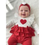 Minicayzen Laura Baby Kız Bebek Bandanalı Kırmızı Beyaz Fırfırlı Tulum - Kırmızı - Beyaz - 0 - 3 Ay