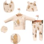 Minicayzen Little Bear Baskılı 5'li Çocuk Hastane Çıkışı Yenidoğan Zıbın Seti - Sütlü Kahve - 0 - 3 Ay
