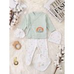 Miniday Baby 5'li Set Yenidoğan Baskılı Kız - Erkek Bebek Hastane Çıkış Seti % 100 Pamuklu Unisex Basıc Gök Kuşağı - Mint - Beyaz