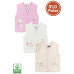 Miniel Kız Bebek Sevimli Ayıcık Nakışlı Organik Pamuklu 3-6-9 Ay 3Lü Kapitone Bebek Yelek Set