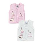 Miniel Kız Bebek Zürafa Nakışlı Organik Pamuklu 3-6-9 Ay 2Li Penye Bebek Yelek - PEMBE