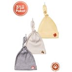 Miniel Unisex Bebek Wood Baskılı Bağlamalı Penye Organik Pamuklu Yenidoğan 3Lü Bebek Bere Set