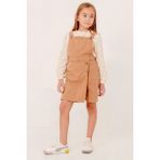 Miniğimin Cicileri (7-10 Yaş) Müslin Pamuk Çiçek Detaylı Bluz Gabardin Salopet Kız çocuk elbise - Kahverengi - 7 - 8 Yaş