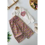 Miniğimin Cicileri Çiçek Desenli Kalp Nakış Detaylı Gömlekli Kız Çocuk Bol Paça Pantolon Takım - Pembe - 4 - 5 Yaş
