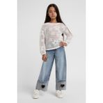 Miniğimin Cicileri File Taşlı Kalp Detaylı Kot Pantolonlu 2 Li Takım - Krem - 8 Yaş