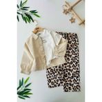 Miniğimin Cicileri Fırfır Detaylı Leopar Pamuk Gabardin 3 Lü Kız çocuk takım - Taş - 4 Yaş