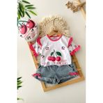 Miniğimin Cicileri Kiraz Desenli Taşlı Kız Çocuk Kot şortlu takım - Pembe - 5 Yaş