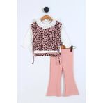 Miniğimin Cicileri Leopar Cepkenli Fisto Yakalı Kız Çocuk 3 lü takım - Pudra - 4 Yaş