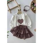 Miniğimin Cicileri Leopar Etekli Kalp Desenli Kız Çocuk Takım - Kahverengi - 7 Yaş