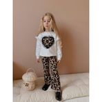 Miniko Kids Kız Çocuk Kalp Modelli Tül Detaylı Leopar İspanyol Paça Taytlı Takım Ekru