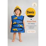 minilee children's happiness İnşaat Macerası - İsimli Çocuk Kapşonlu Panço Havlu – Deniz, Havuz ve Banyo Bornoz Pançosu 2-10 Yaş
