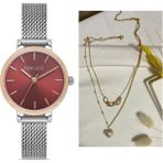 Minimal Kasa Ayarlanabilir Çelik Kordon Kadın Kol Saat+Çelik Kolye Hediye - Gümüş - Bordo
