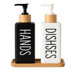 Minimalist Bambu Tepsili Siyah Beyaz Sabunluk ve Deterjan Dispenser Seti, Mutfak, Banyo ve Lavabo İçin Şık, Dayanıklı, Kaymaz Tabanlı, Geniş Ağızlı, Kolay Dolumlu Sıvı Sabunluk & Bulaşık Deterjan Şiş