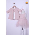 MİNİMONY 0-24 Ay Kız Bebek İnce Mantolu Bayramlık Gelinlik Abiye Saç Bandı Ceket Elbise 3'lü Takım 1070