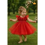 Minimony 2-6 Yaş Gül Yakalı Grenli Kabarık Tül Kız Bebek Çocuk Abiye Elbise Bayramlık Gelinlik Kırmızı 3502 - 4 Yaş