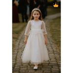 Minimony 6-10 Yaş Midi Boy Yetim Kol Simli Nakışlı Tül Kız Çocuk Abiye Bayramlık Elbise Ekru 5012