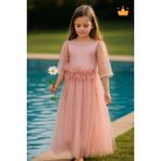 Minimony 6-10 Yaş Midi Boy Yetim Kol Simli Nakışlı Tül Kız Çocuk Abiye Bayramlık Elbise Pudra 5012 - 8 Yaş