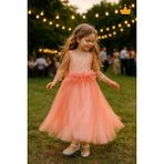 Minimony 6-10 Yaş Midi Boy Yetim Kol Simli Nakışlı Tül Kız Çocuk Abiye Bayramlık Elbise Somon 5012 - 7 Yaş