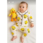 Minipanda Kız Erkek Unisex Lüx Alt-üst 2 Parça Desenleri Canlı Pamuklu Pijama Takımı Ekru Tweety Desenli