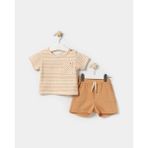 Minipodyum Cepli Çizgili T-Shirt ve Şortlu Kız Çocuk Yazlık İkili Takım 6-9 Ay - 12 - 18 Ay - Kiremit