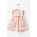 Minipodyum Kız Bebek Elbise Keten Yazlık Bebe Yaka - 6 - 9 Ay - Pudra