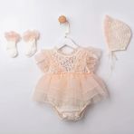 ministok Helen Sırt Kısmı Fiyonk Bağlamalı Dantelli Kız Bebek 3'lü Romper Takım (Çorap-Bone-Romper) - 12 - 18 Ay - Bej
