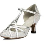 Minitoo qj6133 Kadın Kapalı Burun Yüksek Topuk PU Deri Parıltılı Salsa Tango Balo Salonu Latin T-Strap Dans Ayakkabıları, Gümüş Gümüş 6 cm Topuk .5.36.5 AB/4 UK