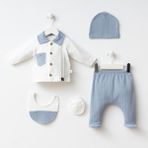 Minizeyn Mavi Erkek Bebek Zıbın Seti 5 Parça 7087 - Beyaz - Mavi - 0 - 1 Ay