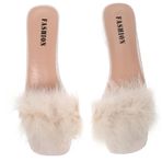 minkissy 1 Çift Sandalet Kadın Ayakkabısı Topuklu Açık Bulanık Şık Kadınlar Için Terlik Parmağı Kabarık Kaydırıcılar Düz Ev Kürk Bayanlar Terlik Kadın Beige Yapay Sünger