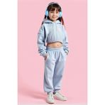 Minojoy Gro Mavi Pamuklu Kız Çocuk Crop Sweatshirt Eşofman Altı Takım - 7 - 8 Yaş