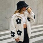 Minshe Siyah Çiçekli Peluş Mont - XL - Krem