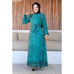 Mint Desenli Şifon Elbise - 42