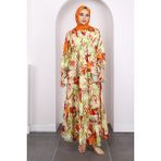 Mint Yarım Düğmeli Eteği Katlı Desenli Elbise - 38