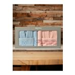 Minteks Silver Mavi-Pembe 6 Parca Havlulu Bornoz Seti - Aile Banyo Havlu Bornoz Seti