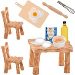 Minyatür cüce aksesuarı, minyatür mutfak oyuncak bebek evi aksesuarı, masa sandalyeleri, kesme tahtası, oklava, çırpma teli, zeytinyağı yumurta, minyatür pişirme kitapları, 1:12 bebek evi için