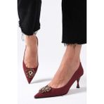 Mio Gusto Alexandra Bordo Renk Kristal Taşlı Mat Saten Kumaş Kadın Abiye Stiletto Ayakkabı