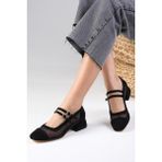 Mio Gusto Isabel Siyah Renk Süet Küt Burunlu File Detaylı Kısa Kadın Topuklu Ayakkabı