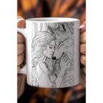 Mio Life Kadın ve Kurt Figürlü Line Art Desenli 330ML Baskılı Beyaz Seramik Kupa Bardak - 100 Adet