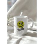 Mio Life Mutlu Emoji Tasarımlı 330ML Baskılı Beyaz Seramik Kupa Bardak - 100 Adet