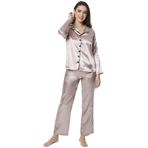 Miorre Kadın Uzun Kollu Önden Düğmeli Saten Pijama Takımı SÜT KAHVE M-L