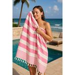 Mira Home Çizgili Peştemal Plaj Havlusu %100 Pamuk Yıkanmış 100x180 Cm Marenza Pembe Beyaz
