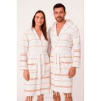 Mira Home Kapşonlu Unisex Beyaz Çizgili Banyo Deniz Plaj Peştemal Bornozu Pamuklu - XL - Kırmızı